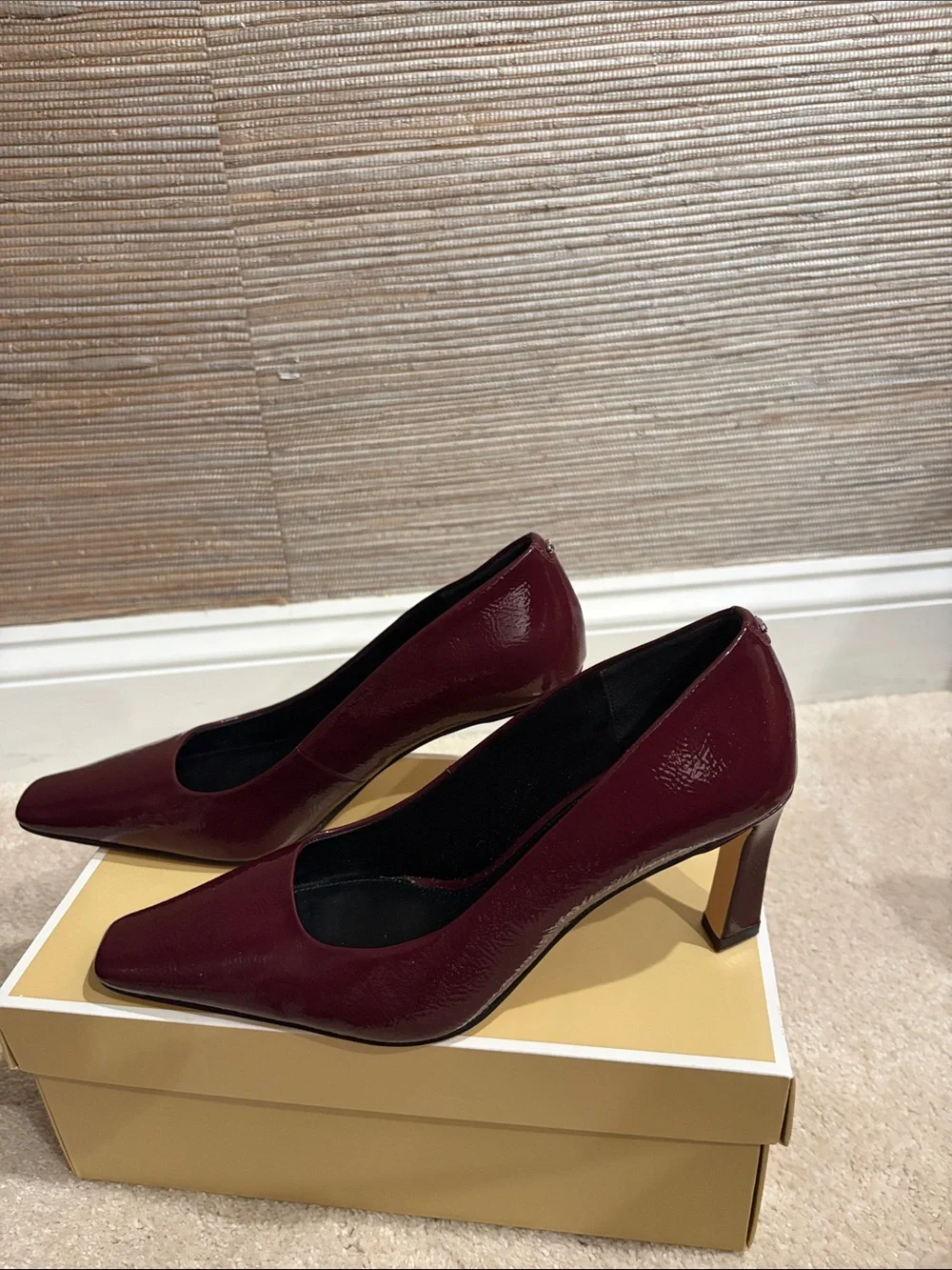 Michael Kors Burgundy Patent Leather Mid Block Heel Pumps
